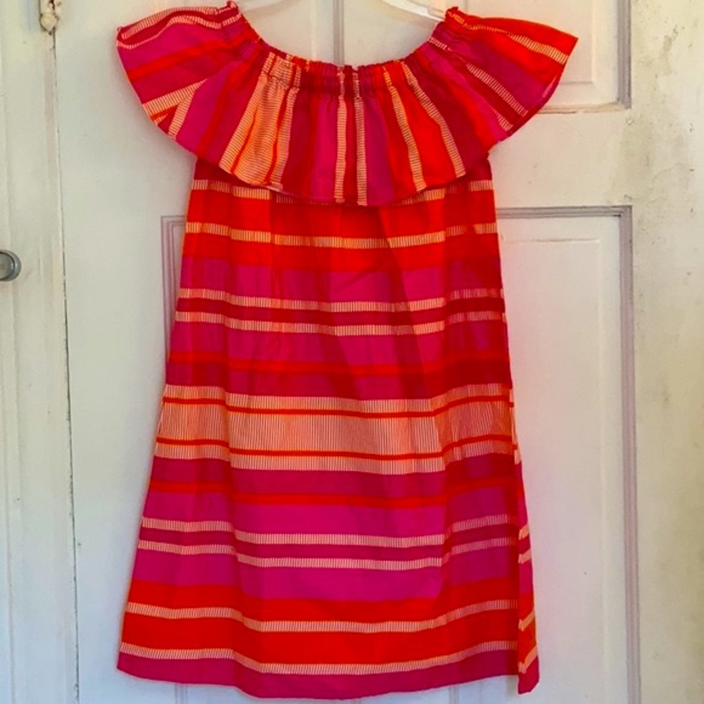 NWT Lands' End Girls Pink and Red Striped Off-Shoulder Dress in size 7/8 small